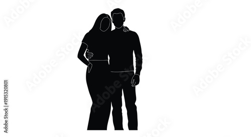 Silhouetted couple embracing standing closely together against a white background