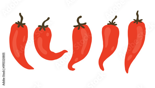 Chili pepper set with red hot vegetables isolated on white background. Hand-drawn doodle cartoon spicy food elements for mexican menu design, kitchen stickers and minimalist cooking illustrations.