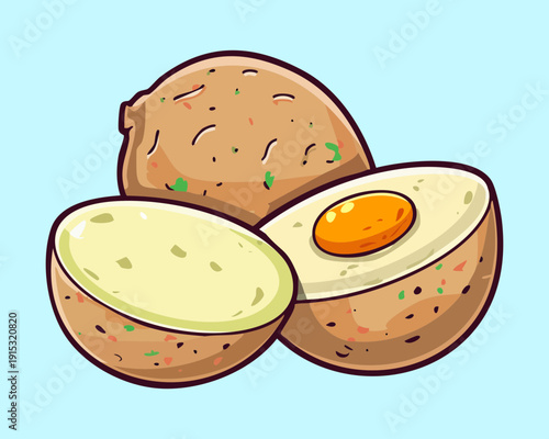 Two halves of boiled potato with yellow egg yolk for unique appetizer and healthy meal preparation - Vector Illustration