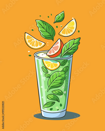 Tropical green cocktail with orange slice and fresh mint leaves in tall glass for summer refreshment - Vector Illustration