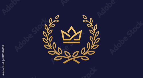 Golden crown surrounded by laurel wreath on dark blue background.