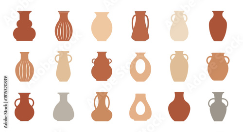 Collection of Ancient Clay Pots and Vases in Various Shapes and Colors.
