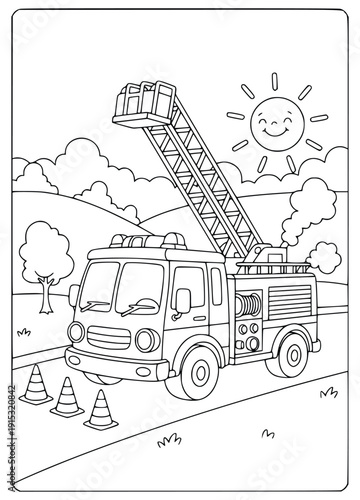 Firefighter truck drives by traffic cones in this sunny park coloring page