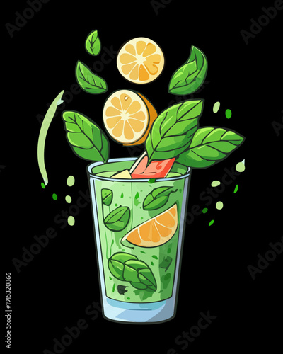 Sparkling green lime drink with mint leaves and flying citrus slices for refreshing summer beverage design - Vector Illustration