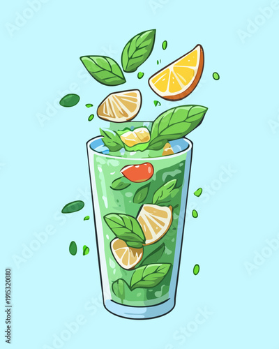 Glass of iced lime mojito with flying mint leaves and citrus fruits for refreshing beverage promotion - Vector Illustration
