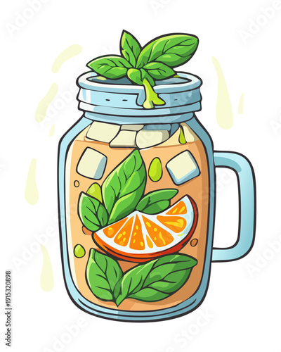 Refreshing glass of citrus lemonade with ice cubes and fresh mint leaves for hot summer day - Vector Illustration