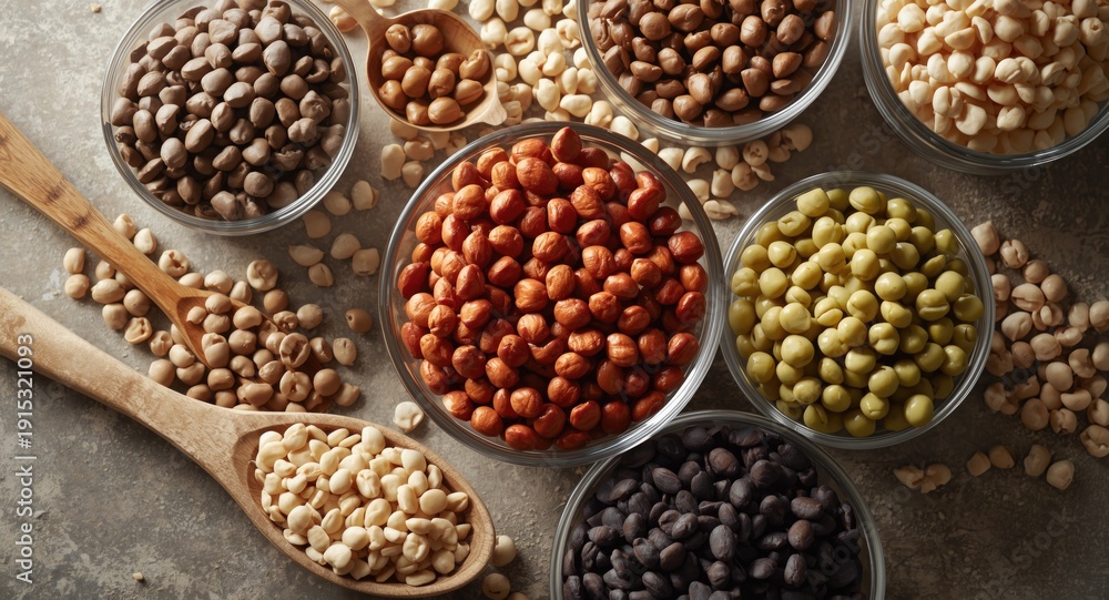 Naklejka premium Assorted legumes including peas and lentils placed in clear bowls and wooden spoons