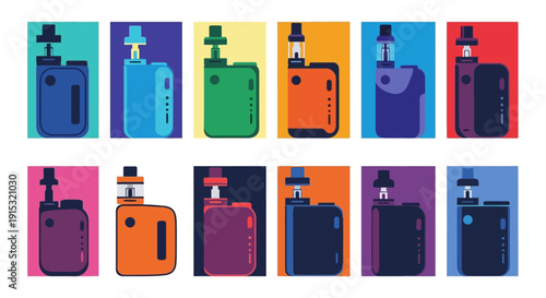 Vape mods in various colors arranged in a grid pattern.