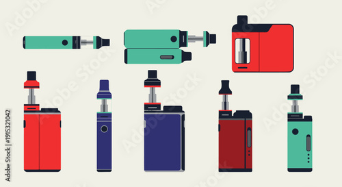 Assorted colorful electronic cigarette devices and components.