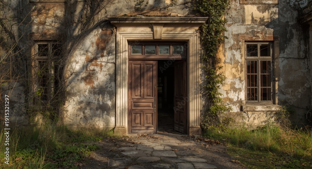 Fototapeta premium An aged deserted manor with a lovely entrance and sunlit distressed walls including copyspace