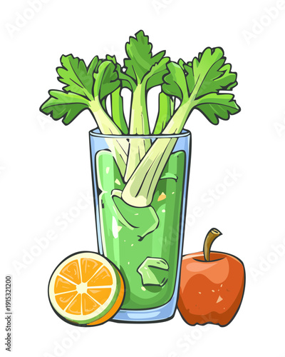 Fresh green vegetable smoothie in glass with celery and citrus for healthy detox and nutrition theme - Vector Illustration