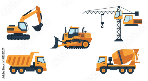 Collection of Heavy Construction Machinery and Vehicles.