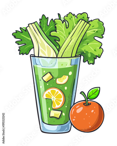 Healthy green juice with celery and orange in glass for morning detox and organic lifestyle concept - Vector Illustration