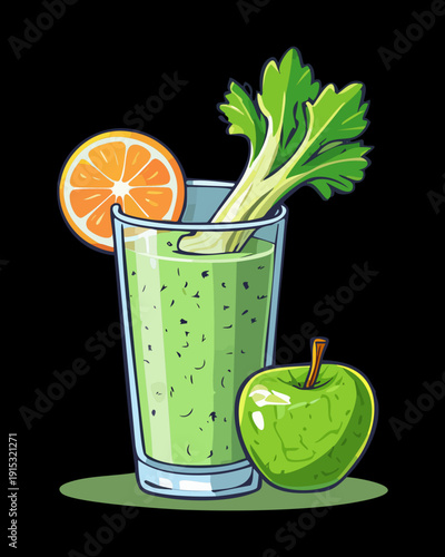 Refreshing green vegetable juice with apple and orange for healthy diet and organic nutrition drink menu - Vector Illustration