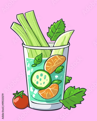 Healthy green smoothie in glass with tomato and celery for nutritious breakfast and organic drink idea - Vector Illustration