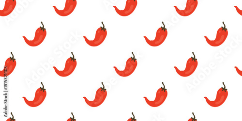 Chili pepper seamless horizontal pattern with red hot vegetables in doodle cartoon style. Minimalist hand-drawn spicy food background for kitchen textiles, Mexican food packaging and cute stationery.