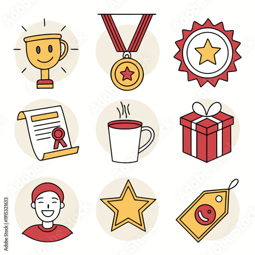 Staff motivation rewards set with trophy medal star certificate gift tag