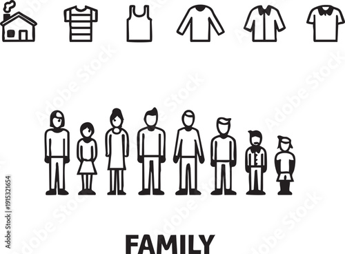 Family and clothing icons vector illustration - house, shirts, people eps silhouette