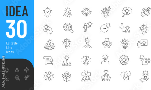 Idea Line Editable Icons set. Vector illustration in modern thin style of creativity related icons: innovation, brainstorming, business strategy, and more. Isolated on transparent background.