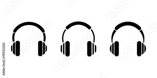 Headphones icon vector set, audio headset symbols, music earphone elements, modern sound accessories, black silhouette on white background