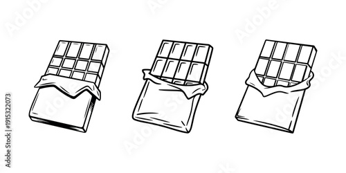 Chocolate bar vector set, sweet treat illustrations, dessert elements, cocoa products, snack graphics, sketch style on white background