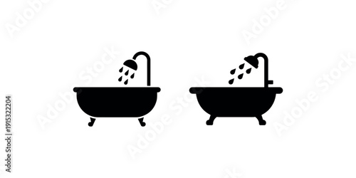 Bathtub and shower vector icon set. bath shower faucet with water drops symbol. bathtub plumbing home spa elements black silhouette flat