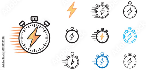 Stopwatch icons set with lightning symbol, representing fast delivery, speed, efficiency, quick time tracking, vector illustration, timer and performance concept