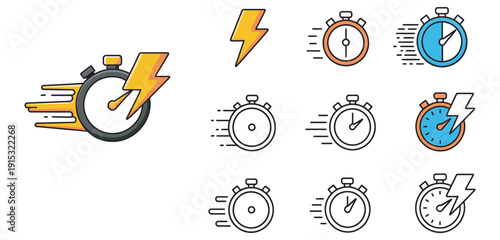 Stopwatch icon set, lightning bolt symbol, fast delivery, high-speed performance, quick time tracking, vector illustration, timer and productivity design