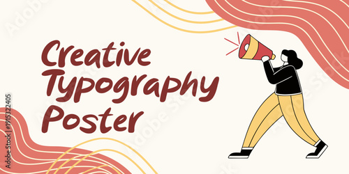 Woman holding megaphone beside creative typography text poster red and yellow lines