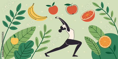 Woman in yoga pose surrounded by fruit and green leaves on light green background