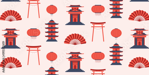 Seamless Pattern of Japanese Torii, Pagoda Temple, Red Lantern and Folding Fan Icons, Travel Wallpaper Background for Textile, Wrapping Paper, Flat Vector Illustration