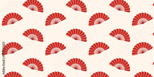 Seamless Pattern of Japanese Folding Fans, Red Ornament on Light Background, Traditional Wallpaper for Textile, Wrapping Paper, Banner, Flat Vector Illustration
