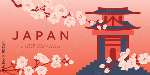Japan Travel Poster, Pagoda Temple, Sakura Blossoms, Typography, Minimal Scenic Prints, Greeting Card, Banner Background, Flat Vector Illustration