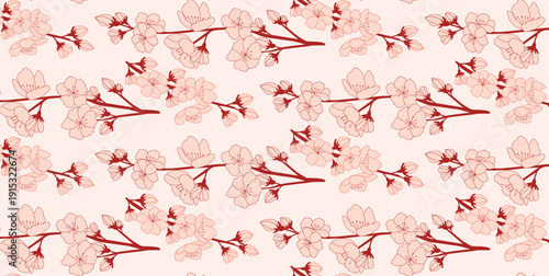 Seamless Sakura Cherry Blossom Branches, Red Line Floral Ornament on Light Background, Japanese Wallpaper for Textile, Wrapping Paper, Banner, Flat Vector Illustration