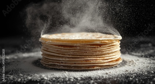 Stack of fresh flour tortillas with flour dust swirling around capturing cooking craftsmanship