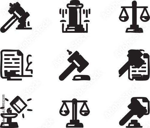 Law and justice icons vector set: gavel, scales, court symbols eps silhouette