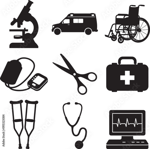 Medical Icons Set Including Microscope, Ambulance, Wheelchair and First Aid Kit, Scissors, Blood Pressure Monitor, Crutches, Stethoscope, and Laptop with ECG white background