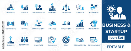 Business and startup icon set featuring entrepreneurship, corporate strategy, leadership, innovation, financial investment, growth analytics, and project planning symbols.