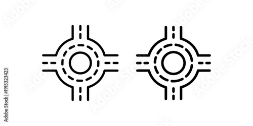 Roundabout icon set, road intersection traffic circle symbol, highway interchange with dashed line art design