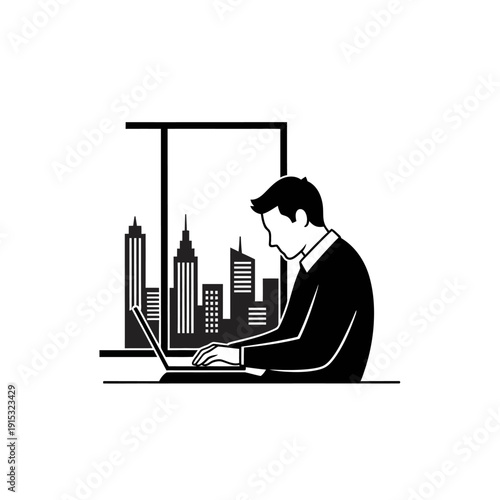 Businessman working on laptop in office with city skyline view