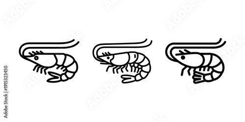 Shrimp icon set, prawn seafood symbol, outline design of marine animal for restaurant or market menu, delicious food