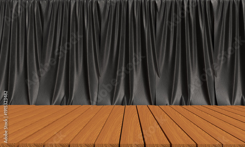 black curtain waving background wallpaper shadow dark wooden oak floor stage floor interior theatre advertisement marketing sale product present event mockup empty blank black color curtain background