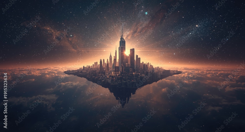 Naklejka premium Illustrative artworks of a unique cityscape floating in space
