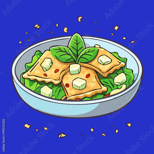 Italian ravioli pasta in blue bowl with fresh basil and cheese for gourmet mediterranean dinner menu - Vector Illustration