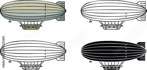 Airship silhouette & Outline and illustration set isolated on transparent background