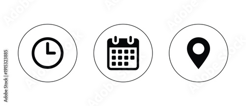 Time, Date And Location Icon Set. clock calendar location marker icon. vector