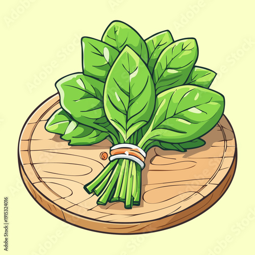 Bundle of fresh green spinach leaves on wooden board for healthy salad and organic cooking ingredient - Vector Illustration