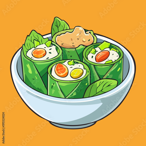 Healthy vegetable rolls with fresh greens and carrots in bowl for nutritious snack and diet menu - Vector Illustration