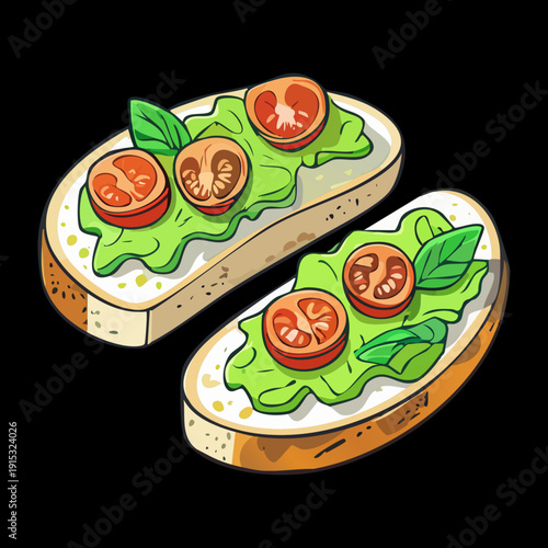 Sliced baguette bread with fresh tomatoes and herbs for healthy bruschetta appetizer and gourmet party snack - Vector Illustration