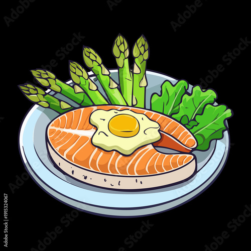 Grilled salmon fillet with fried egg and asparagus for healthy protein meal and gourmet dinner menu - Vector Illustration